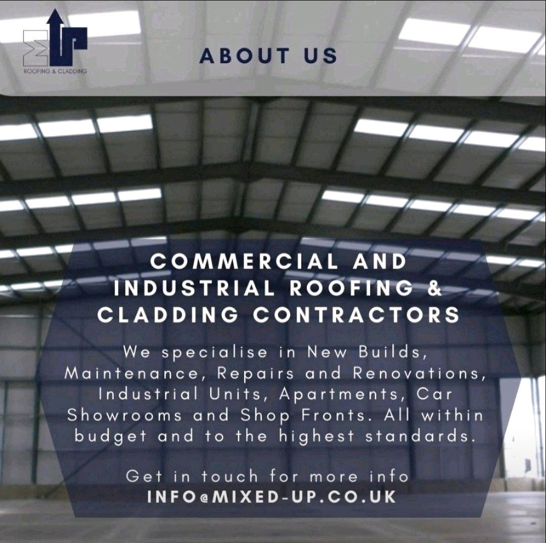 About Us! 

@MUP_Roof_Clad

Info@mixed-up.co.uk 

#aboutus #industrialconstruction #commercialconstruction #roofingcontractor #claddingsystems #buildingcontractors #supplyandfit #industrialroofing #industrialunits #newbuilds #shopfronts #renovations #refurbishment #essex #london