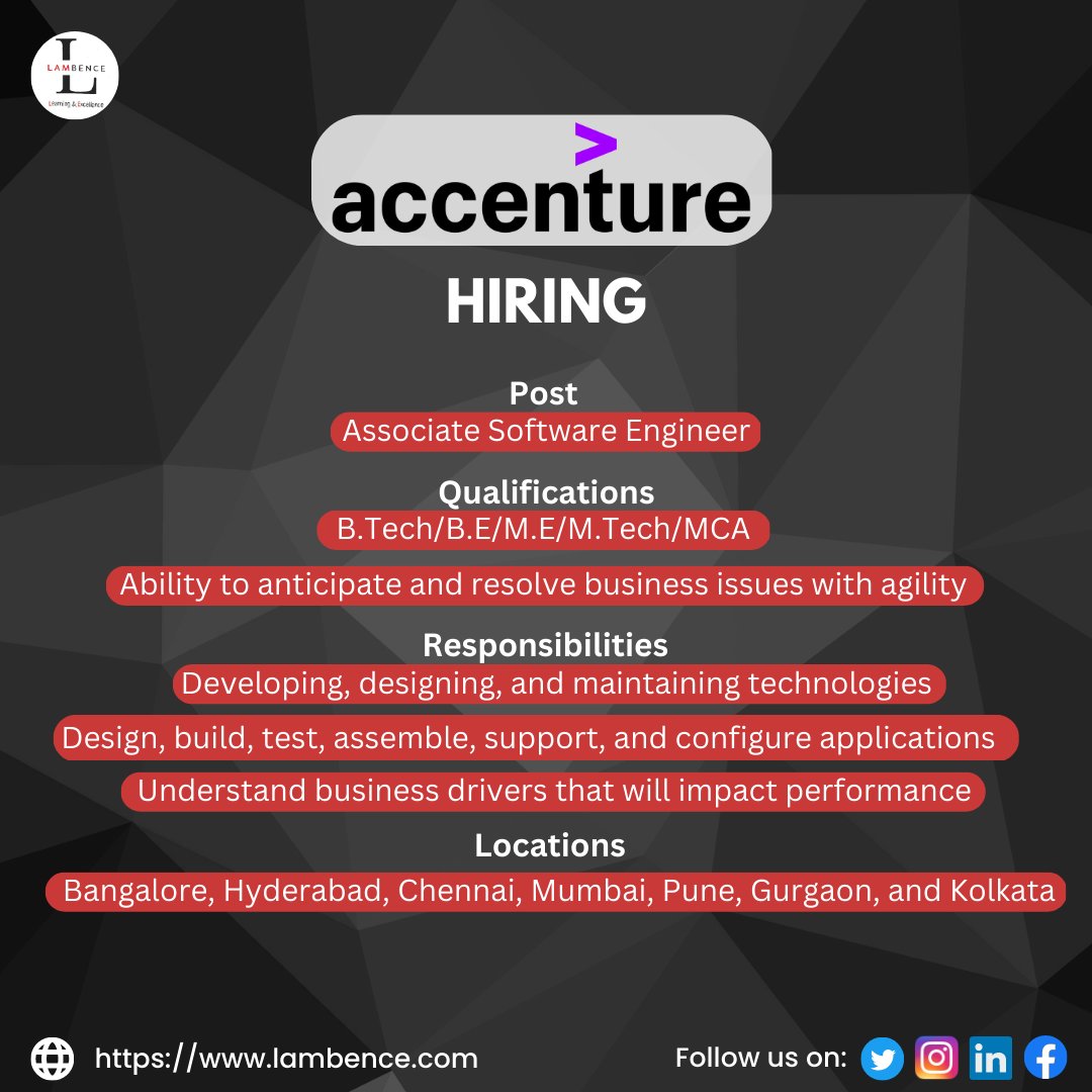 lambence's tweet image. Join Accenture as an Associate Software Engineer and help shape the future of technology!
#Accenture #AssociateSoftwareEngineer #TechJobs #Innovation #CareerOpportunities.