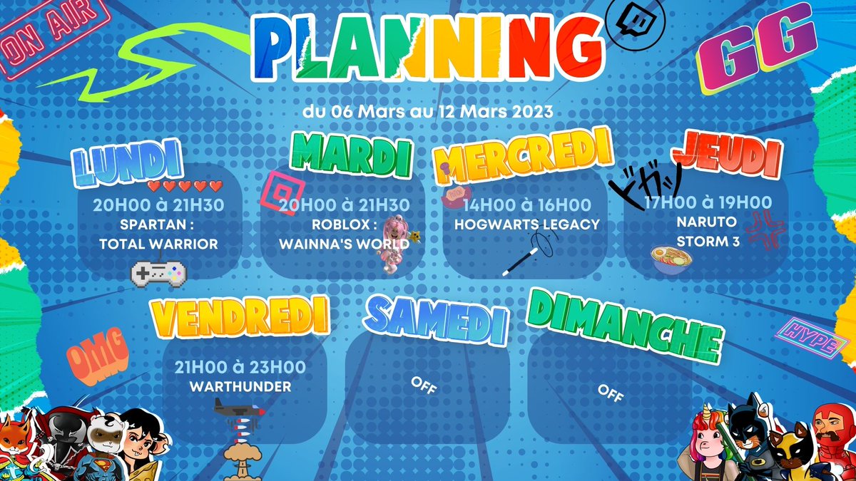 🎊 Bonjour les BadAssemblers !! 
Voici le planning de la Semaine ⬇
#TwitchStreamers #twitchfr #twitch #twitchstreamer #twitchaffiliate #twitchtv #planning #TwitchRT
#wizebot #LiveStreaming #RTStreamPromo #RTStreamPromo