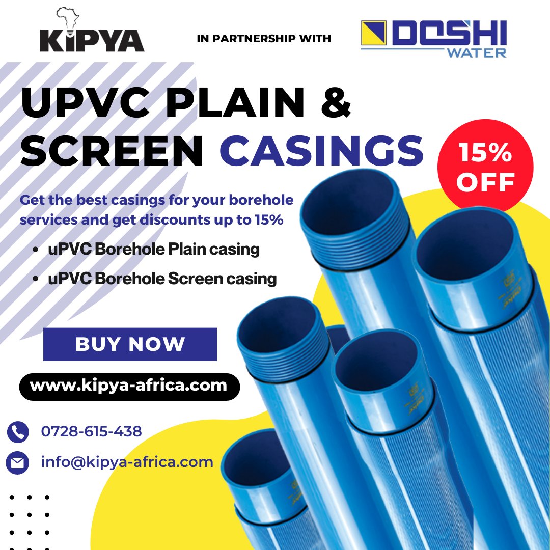 Ready to drill deeper for a reliable water source?  Look no further than our premium UPVC casings! Enjoy discounted rates on our durable and corrosion-resistant casings today! Contact us now at 0728615438 to take advantage of this limited offer!  #UPVCCasings #WaterWellDrilling