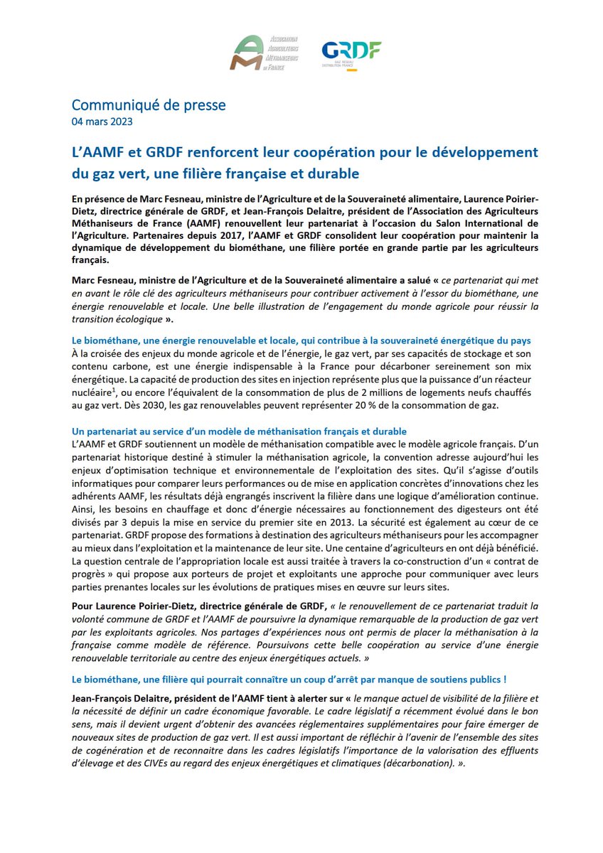 🗞 #CP #Presse
En présence de <a href="/MFesneau/">Marc Fesneau</a>, ministre de l’#Agriculture, #GRDF et l’<a href="/AAMF_Agris/">Agriculteurs Méthaniseurs de France</a> ont renouvelé leur partenariat, dans le cadre du #SIA2023, visant à renforcer leur coopération pour le développement du #GazVert, une filière 🇫🇷 et durable.
➡️ cutt.ly/88ImBni #EnR