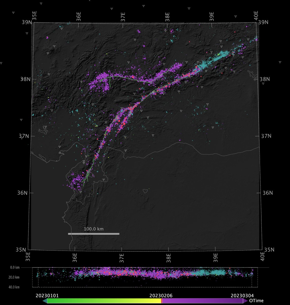 Precise, NLL-SSST-coherence earthquake relocations for the 2023 Mw7.8 and Mw7.6, Kahramanmaraş-Gaziantep, Turkey earthquake sequence (including 2020 Mw 6.8 Elazığ, Turkey sequence). Seismic arrival data from <a href="/AFADBaskanlik/">AFAD</a>. Details &amp; catalog available at: doi.org/10.5281/zenodo…