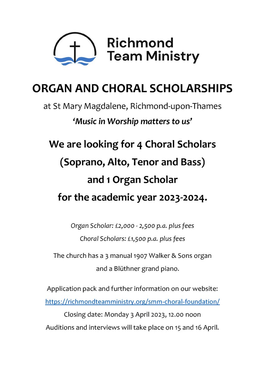 Could you be the next Choral or Organ Scholar at St Mary Magdalene Richmond? We have 5 bursaries available for 2023-2024. 
And if it's not for you, maybe you know someone who might be interested? Please share! #Richmond #ChoralSinging