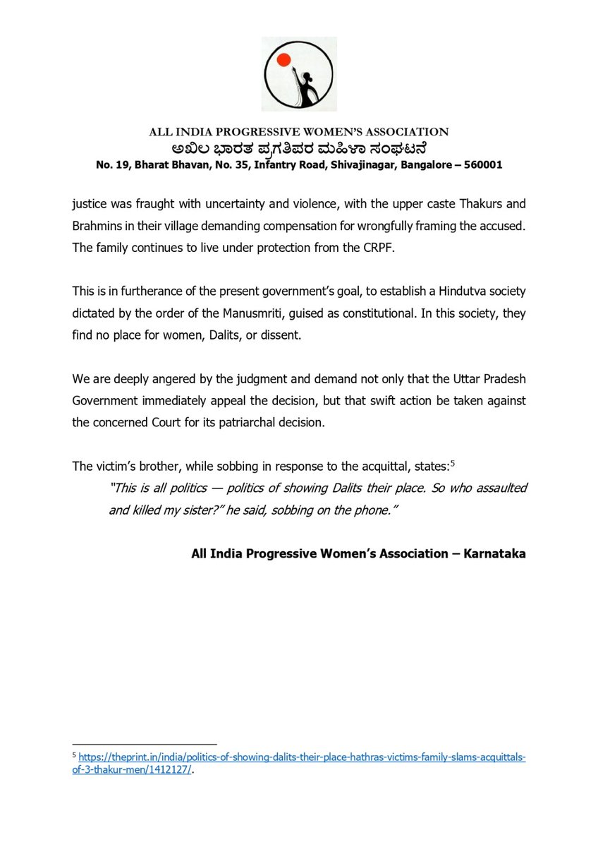 We are appalled by the judgment in the Hathras case, in which the Court denies the Dalit woman justice for the caste-based sexual violence she faced. 

We demand that the case be appealed and action taken a/g patriarchal observations in the judgment.

#HathrasHorror