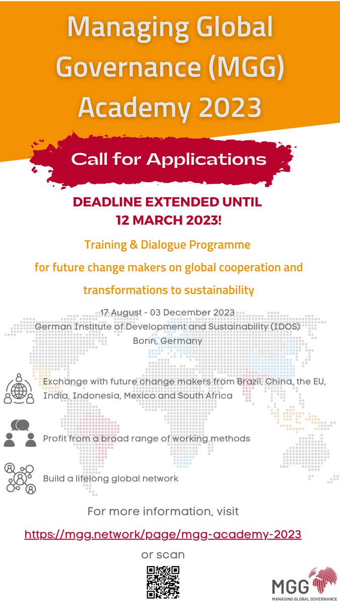 Deadline extended for the #MGGnetwork Academy: Apply now until 12 March and become part of a global network of #changemakers.

Join the programme to develop solutions for global challenges, practice #cooperation, build a trustful network and develop your #leadership skills.