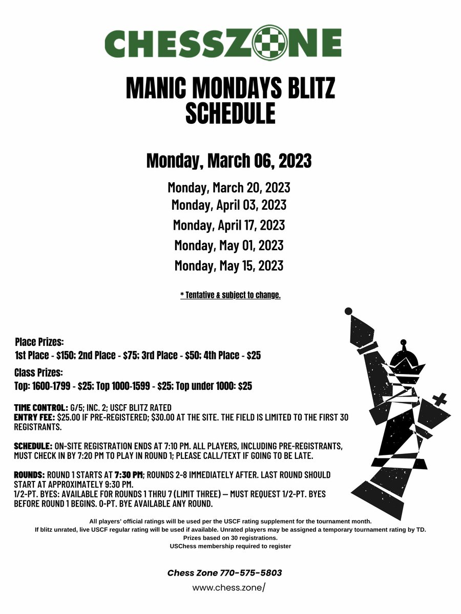 Manic Monday Blitz, Monday the 6th be there or be square 🏁
With special guest  <a href="/ben_finegold/">Ben Finegold Ⓥ</a>