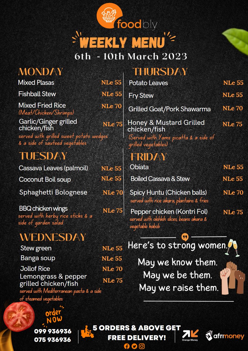 foodbly's tweet photo. You know how we feel about Mondaysπ We're open and excited to serve youπ€©
Have a productive week & Remember to be kind π§‘
Call/SMS/WhatsApp: 099/075 936936. We accept #Afrimoney & #OrangeMoney payments.
We have a #NewEntry on the menu this week π
#Foodbly #NewWeek #Menu https://t.co/HI1cJPwpUs