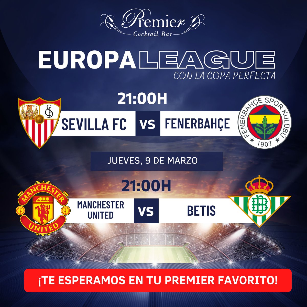 Hoy tenemos doblete de partidos en la competición europea pero no te preocupes, ven a verlo en tu Premier favorito y disfruta de una buena copa y de un momento futbolístico perfecto... ¡Te esperamos! 
#futboldirecto #futbol #sevilla #ocio #cocteleria #SevillaFC #Betis
