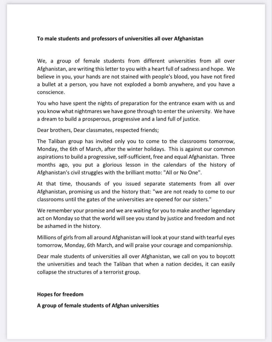christinalamb's tweet photo. Reopening of universities in Afghanistan today and no women allowed so female students appealing to male students to boycott. Let’s see if the men stand up for the women https://t.co/h47FDFJEgH