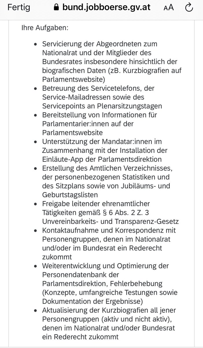 ArminWolf's tweet image. Die Parlamentsdirektion besetzt einen Job für Assistenz-Tätigkeiten. Für diese Aufgabe hätte man vor 30 Jahren wen mit HAK-Matura oä. eingestellt 
Jetzt müssen Bewerber·innen besser qualifiziert sein als mind. 3/4 der Abgeordneten.