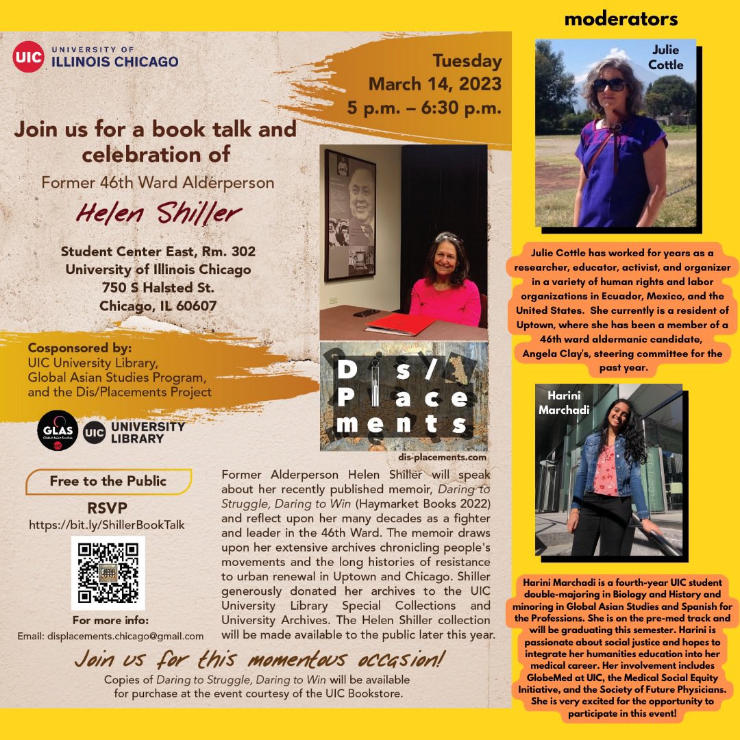Dis/Placements: A People’s History of Uptown (@dis_placements) on Twitter photo Join us on 3/14 to welcome former 46th ward alder leader Helen Shiller <a href="/shillerista/">Helen Shiller</a> to UIC. Co-moderated by UIC student Harini Marchadi & researcher, educator, organizer Julie Cottle. Student artwork about Uptown showcased. RSVP bit.ly/ShillerBookTalk <a href="/haymarketbooks/">Haymarket Books</a> <a href="/uiclibrary/">UIC Library</a> Join us on 3/14 to welcome former 46th ward alder leader Helen Shiller <a href="/shillerista/">Helen Shiller</a> to UIC. Co-moderated by UIC student Harini Marchadi & researcher, educator, organizer Julie Cottle. Student artwork about Uptown showcased. RSVP bit.ly/ShillerBookTalk <a href="/haymarketbooks/">Haymarket Books</a> <a href="/uiclibrary/">UIC Library</a>