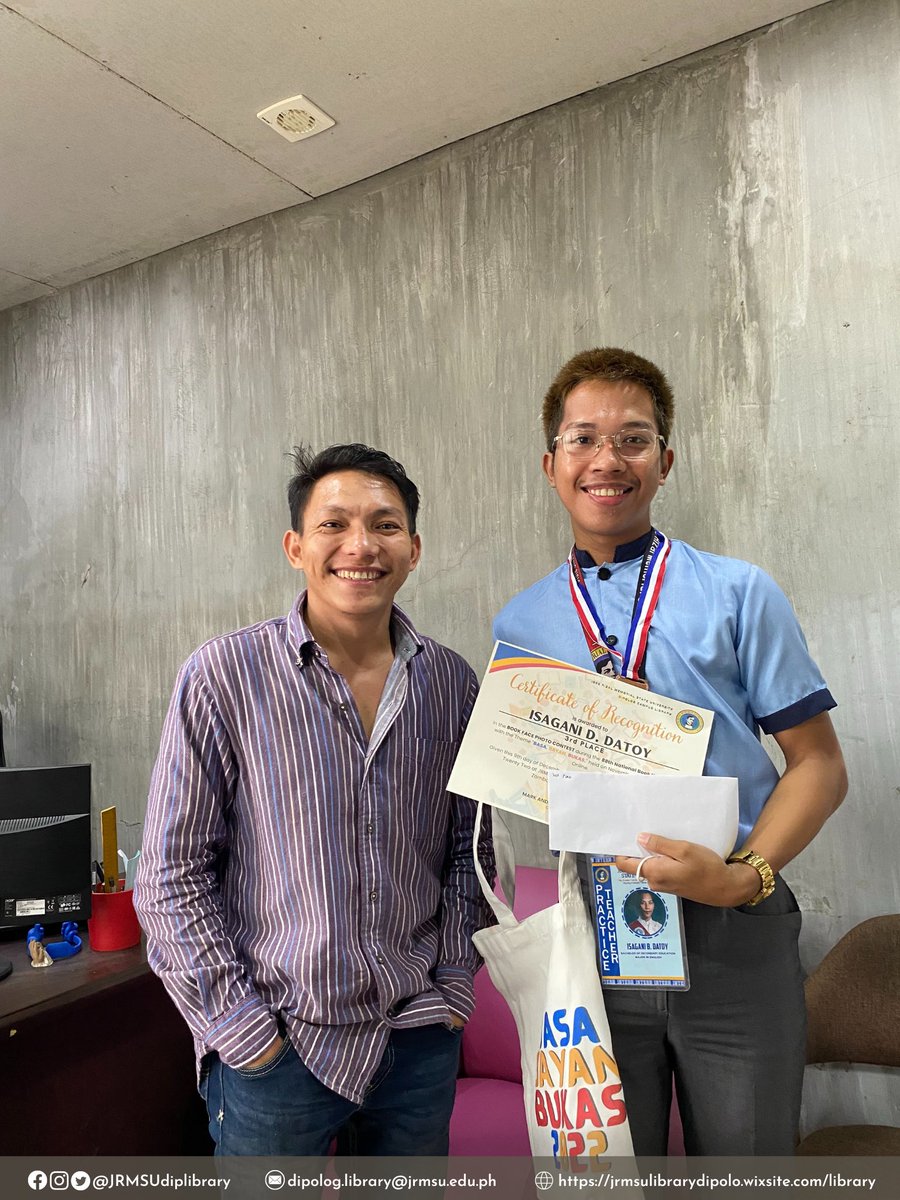 JRMSUdiplibrary's tweet photo. Mr. Isagani D. Datoy claimed his prize for the NBW 2022 Book Face Photo Contest (3rd Place).
Congratulations!
#88thNBW
#NBW
#NBW2022
#BasaBayanBukas
#BookFacePhotoContest
#JRMSUDipologCampusLibrary
#JRMSUDipologCampusLibraryCares
#JRMSUOnlineLibraryServices
#AskRIZAL https://t.co/fNCeDeFYv2
