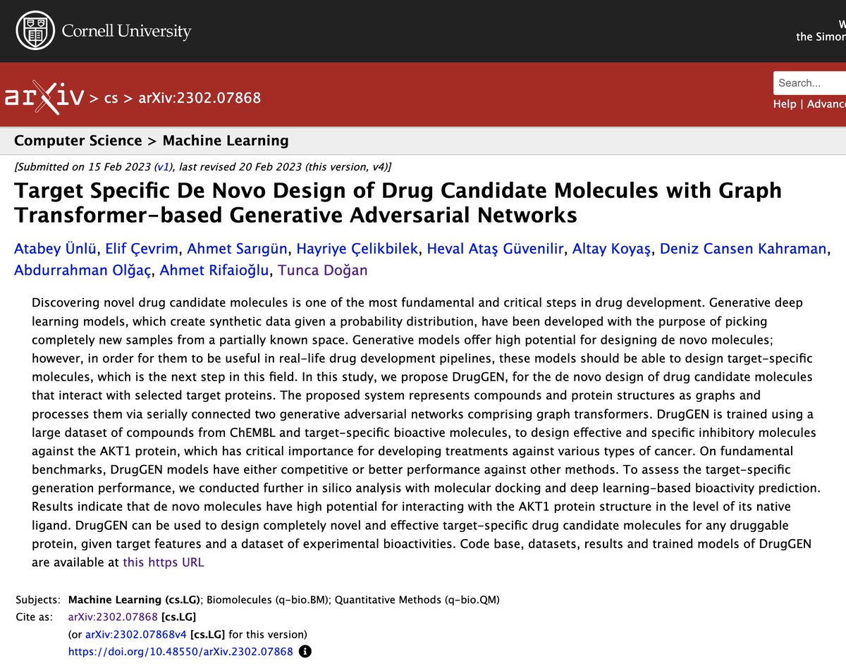 New paper 🚨

The first output of the DrugGEN project

"Target Specific De Novo Design of Drug Candidate Molecules with Graph Transformer-based Generative Adversarial Networks" is out

arxiv.org/abs/2302.07868

#GenerativeAI #DeepLearning #DrugDesign #DrugDiscovery #ML #AI

🧵1/10