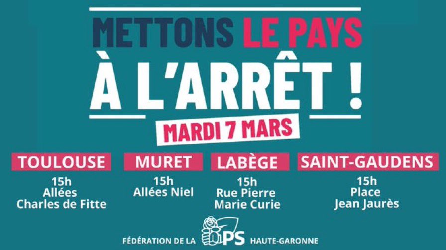 A #Toulouse, #Muret, #SaintGaudens et #Labège les militantes et les militants @socialistes31 seront mobilisé.e.s le 7 mars pour demander le retrait de cette #ReformeDesRetraites injuste et inutile. #Ensemble #7mars