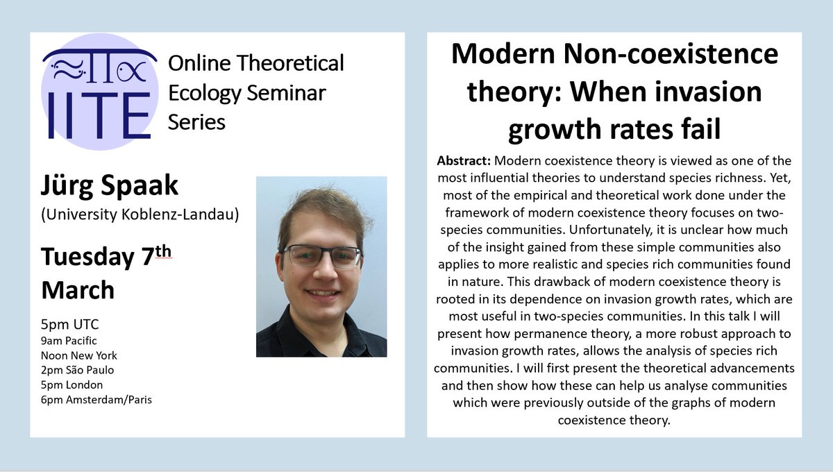 📢This week (Tuesday) at our seminar Jürg Spaak @JurgSpaak (U. Koblenz-Landau) will present: 🌟Modern Non-Coexistence Theory - when invasion growth rates fail🌟 As ever, free to all! Zoom link: iite.info/seminar/ Global times: timeanddate.com/worldclock/fix… See you there!