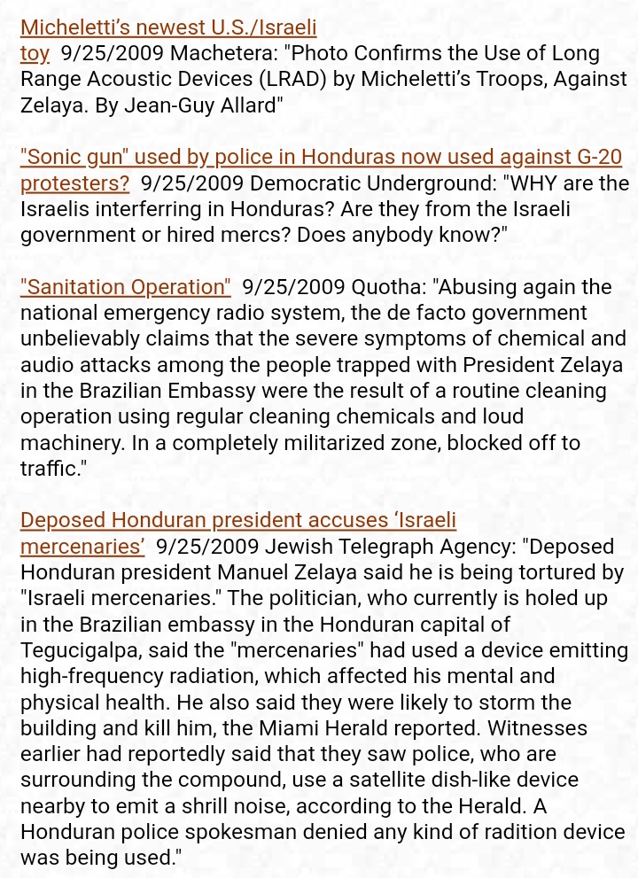 crystalshen6's tweet photo. #TheCivilianTortureProgram
Nothing against Israel, but regarding Tiffany saying Israel is involved: I read that in the 2009 directed energy weapon attacks on ex-President Zelaya of Honduras & his staff at the Brazilian embassy, some thought Israel (& CIA) were involved. I didn't research this too deeply but lawsuits were allegedly threatened over this.