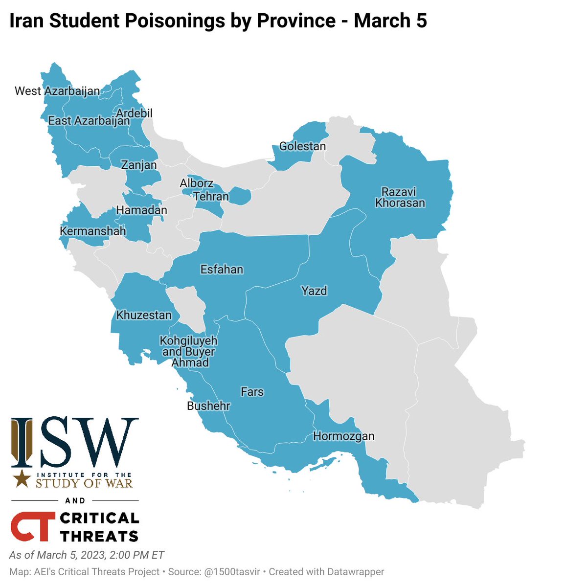 arminarefi's tweet photo. 300 ATTAQUES au gaz chimique ont visé du samedi 4 mars au dimanche 5 mars des écoles pour filles en ville à travers 16 provinces en #Iran, ce qui représente une dramatique accélération depuis le début de la crise le 30 novembre, affirment le @criticalthreats et @TheStudyofWar. https://t.co/7x7If72oJs