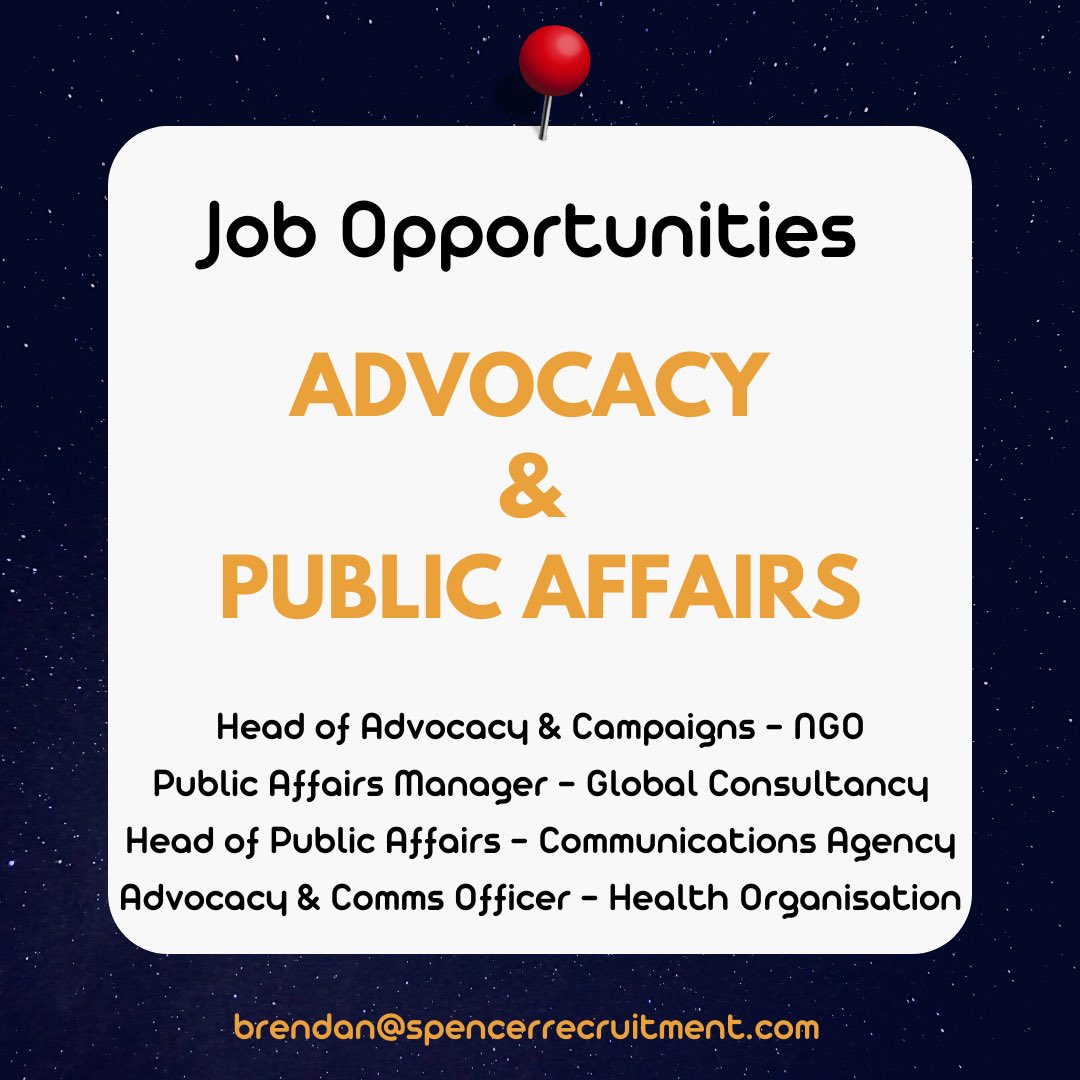 Fantastic opportunities across Public Affairs &amp; #advocacy  👇
🚨 Head of Advocacy &amp; Campaigns 
🚨 Public Affairs Manager 
🚨 Head of Public Affairs
🚨 Advocacy &amp; Comms Officer 
#jobs #applynow #recruitment