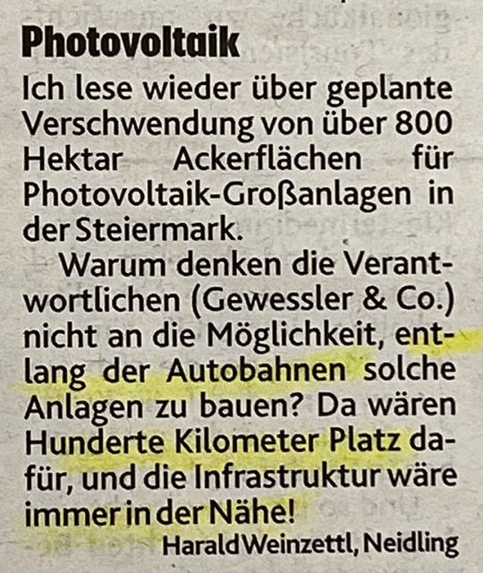 PLATZ WIE SAND AM MEER --- an Autobahnen und/oder Eisenbahnen gäbe es unzählige Möglichkeiten, die niemand stören würden. Ein von mir dazu eingebrachter Antrag im Tiroler Landtag wartet noch immer auf eine Erledigung.