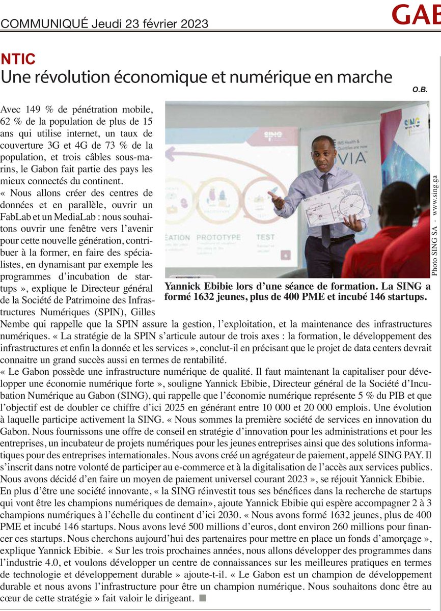 SING SA (@singsagabon) on Twitter photo Le jeudi 23 février 2023, la SING est apparue dans le journal "@LesÉchos ". 
Vous pourriez regarder le contenu ci-bas ⬇ 😉.
#incubation #startups #libreville #chiffres #actualité Le jeudi 23 février 2023, la SING est apparue dans le journal "@LesÉchos ". 
Vous pourriez regarder le contenu ci-bas ⬇ 😉.
#incubation #startups #libreville #chiffres #actualité