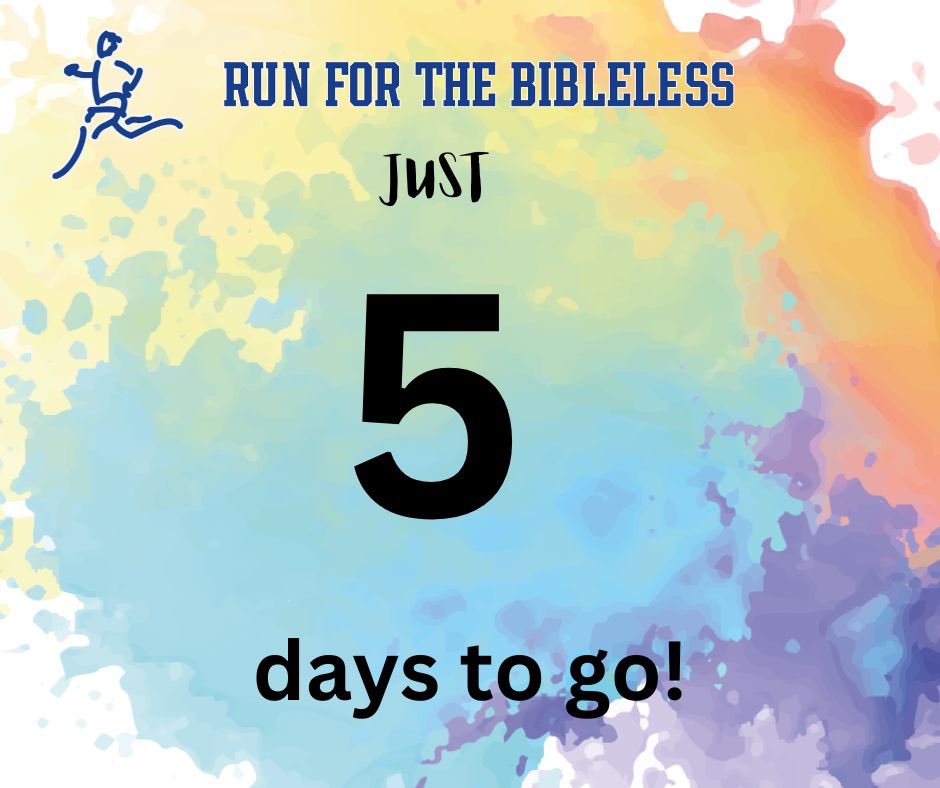 The CountDown has begun for the #RunfortheBibleless event on the 11 March 2023 at Bunny Park Benoni. 

Register your ticket at wycliffe.org.za/r4tb and be part of the awareness.

#WycliffeSA 
#Bibletranslation