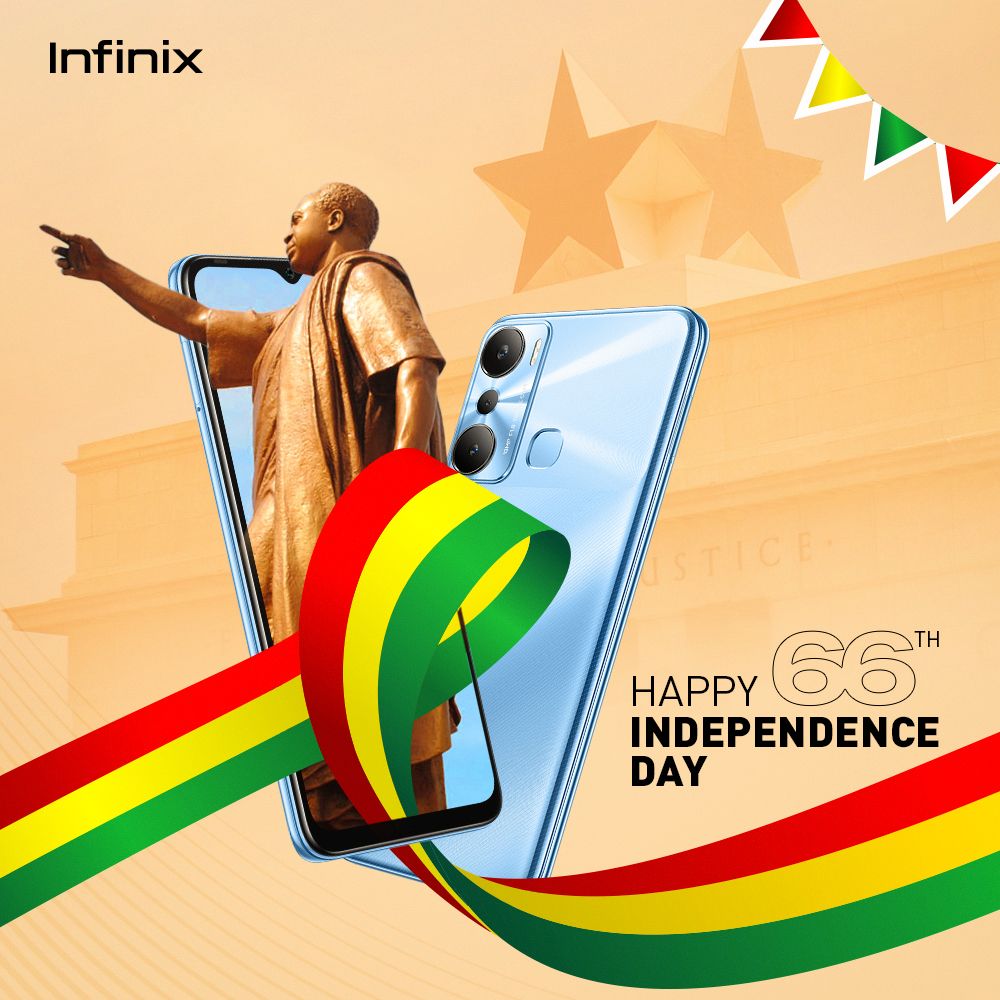 InfinixGhana's tweet photo. Happy Independence Day to the motherland 🇬🇭 #GhanaAt66 #Infinix #FastAndFunHot20i https://t.co/l2i36Tn6Ov