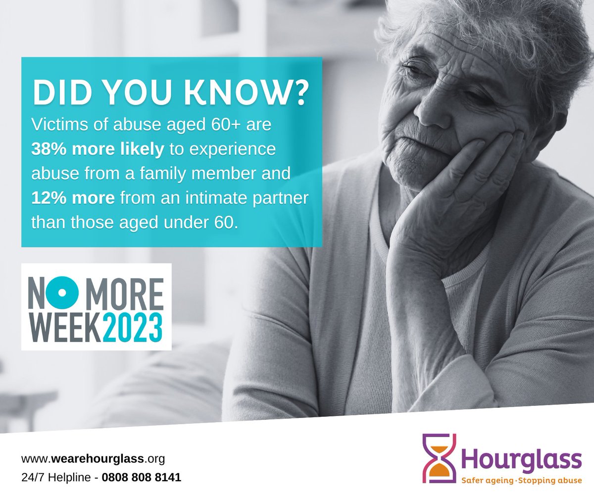Hourglass (Safer Ageing) (@wearehourglass_) on Twitter photo Did you know that older victims of abuse are much more likely to experience abuse from a family member or partner?
It's #NoMoreWeek2023, and we're helping to raise awareness of domestic abuse and sexual violence.
#UKSaysNoMore <a href="/UKSAYSNOMORE/">UK SAYS NO MORE</a> Did you know that older victims of abuse are much more likely to experience abuse from a family member or partner?
It's #NoMoreWeek2023, and we're helping to raise awareness of domestic abuse and sexual violence.
#UKSaysNoMore <a href="/UKSAYSNOMORE/">UK SAYS NO MORE</a>