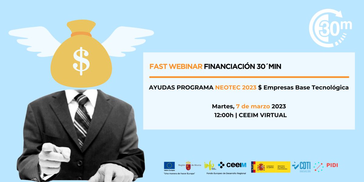 CeeiMurcia's tweet photo. #AgendaCEEIM 🔵⚫ Si necesitas financiación para tu empresa, no te pierdas mañana el primer webinar informativo del programa #FastFund de #CEEIM.
🔎 Te ofreceremos todas las claves de las ayudas NEOTEC del @CDTI_innovacion.
💻 ¡Inscríbete! https://t.co/RcYfLEWPHA https://t.co/jfbztDgEts