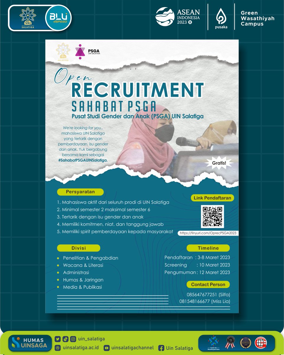 Assalamu'alaikum #SahabatUINSalatiga

Sahabat UIN Salatiga yang tertarik dengan pemberdayaan, isu gender dan anak, gabung dengan PSGA UIN Salatiga, yuk!

Detail pendaftaran bisa dilihat di sini, ya