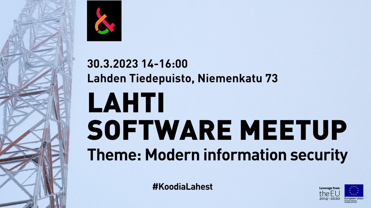 sthyry's tweet photo. G'morning, #Lahti, the software city! The next Lahti Software Meetup will be organized 30.3, 14-16:00 at the Science Park. The theme is modern #infsec and the introductions will be given by Riku Tarkiainen and PhD Bilal Naqvi. Registration https://t.co/EJJPvgRSEE #koodialahest https://t.co/91SNVjLvGj