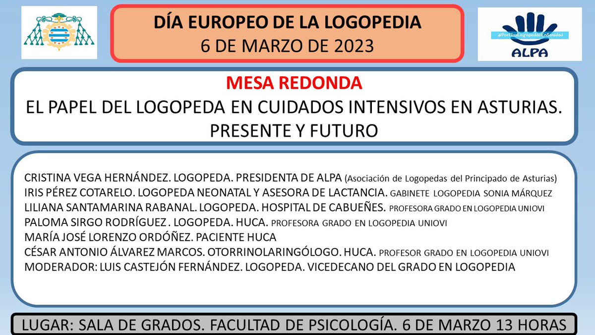 Hoy celebramos lo que somos y a nuestra querida #Logopedia. Nos vemos a la una en la Facultad de Psicologia, en la mesa redonda organizada por la Universidad de Oviedo, reivindicando y dando a conocer nuestro papel en los Cuidados Intensivos. Yo #SoyLogopeda #6deMarzoDiaLogopedia