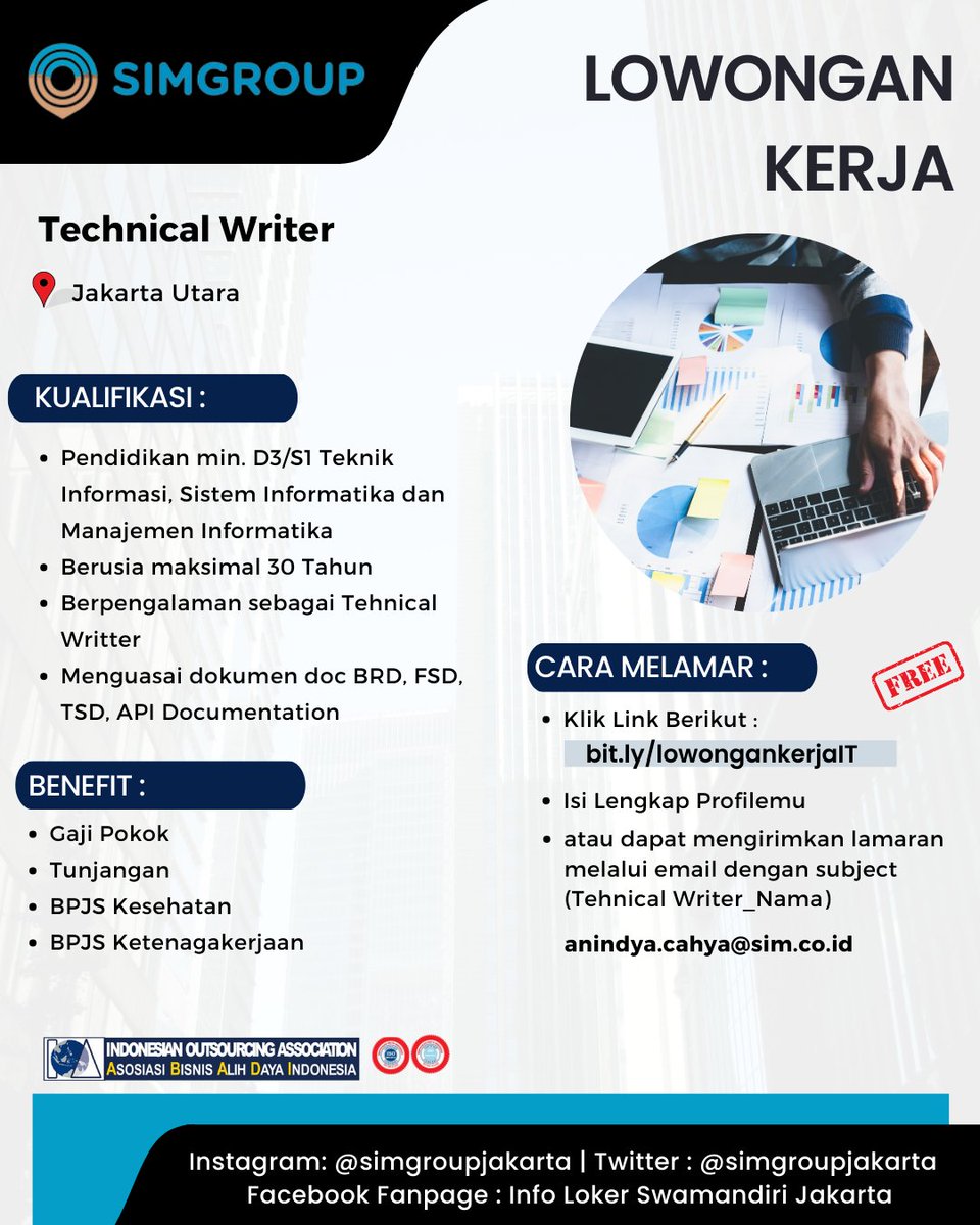 simgroupjakarta's tweet photo. Dibutuhkan segera posisi Tehnical Writter untuk penempatan di salah satu anak perusahaan BUMN. silahkan melamar melalui https://t.co/mB8JqRxvsJ
#lowongankerjasimgroup #lowongankerjaIT #lowongankerjatehnicalwritter https://t.co/xqesOFFC0S