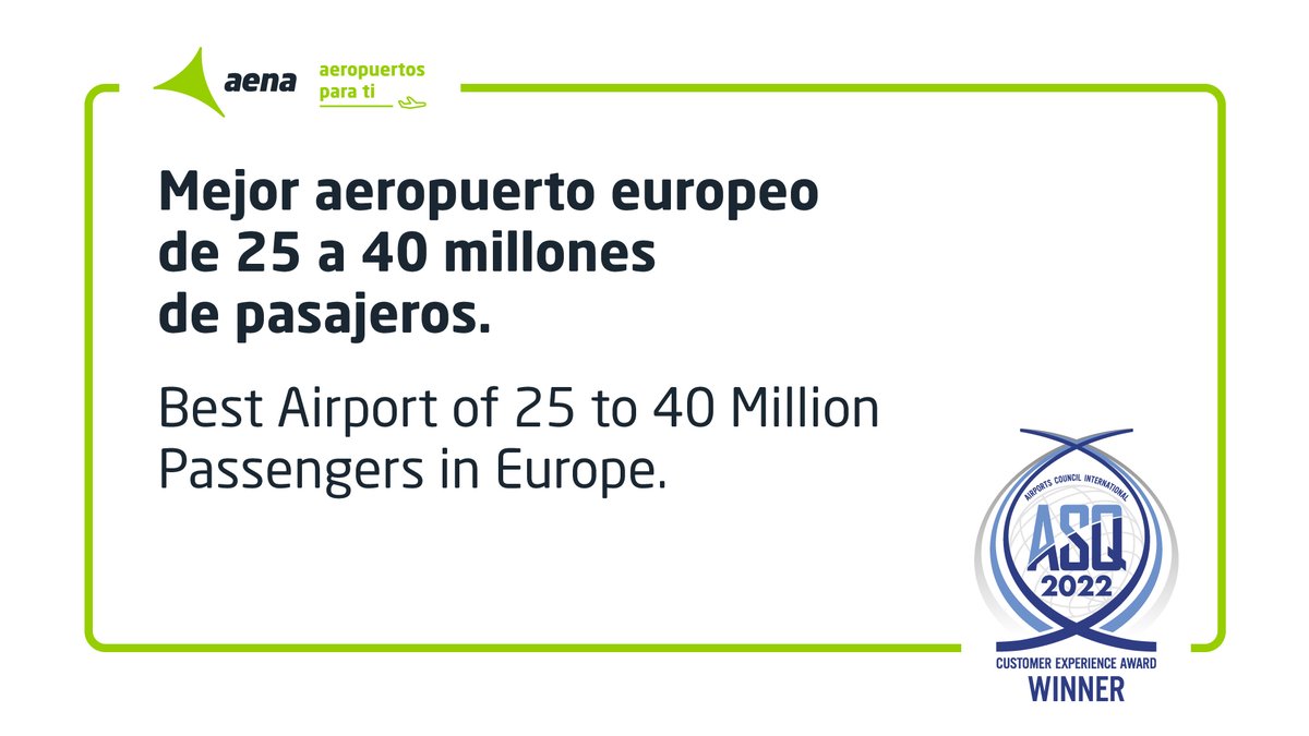 aena's tweet photo. 🏆 Siete aeropuertos de la red de Aena, premiados por el Consejo Internacional de Aeropuertos. @ACIWorld
 
Los #aeropuertos de #Asturias, #Alicante-#Elche MH, y #Palma de #Mallorca, premios al Mejor Aeropuerto Europeo en sus categorías. #ASQAwards

https://t.co/Jhltimhy6y

👇🧵 https://t.co/D5kuAdRCYn