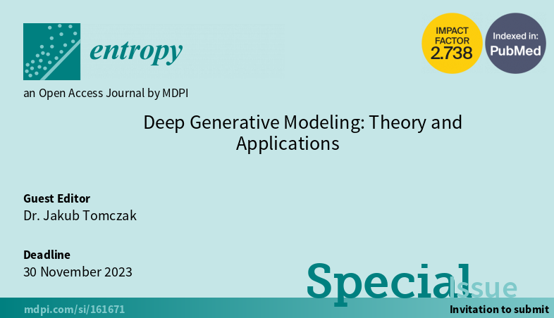 Entropy_MDPI's tweet image. New #SpecialIssue "Deep Generative Modeling: Theory and Applications", edited by Dr. Jakub Tomczak @jmtomczak , is open for submission! mdpi.com/journal/entrop…
#variationalautoencoders
#diffusionbasedgenerativemodels
#flowbasedgenerativemodels
#autoregressivegenerativemodels