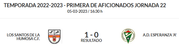 Victoria de <a href="/LosSantosCF2017/">Los Santos CF</a> ante <a href="/ADEsperanza1978/">A.D.ESPERANZA</a> por 1-0 gracias a un buen gol de Juan Rojo

Muy sólido el equipo Santero que suma su 4ªvictoria consecutiva para afrontar con mucha moral sus proximos 2 partidos ante Sanfer y Alameda

Los de Esperanza continuan en media tabla