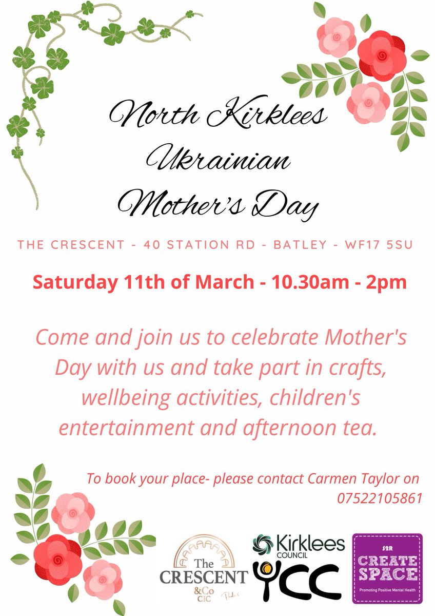 THIS SATURDAY! Ukrainian guests in Dewsbury, Mirfield, Batley and Spen. Please book your place. Children welcome.
<a href="/CreateSpaceS2R/">S2R Create Space</a> 
<a href="/tslkirklees/">Third Sector Leaders Kirklees</a> 
@BatleySpenLead 
<a href="/kirkleescollege/">Kirklees College</a> 
<a href="/kirkleeswelcome/">#Kirkleeswelcomes</a> 
<a href="/DenbyDaleCC/">Denby Dale CC</a> 
#Ukraine
#InternationalWomensDay
#Wellbeing 
#WomensDay