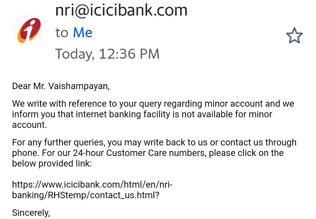 amodsv's tweet photo. And the saga continues. 2 months and counting... Latest joke: "Internet banking is not available for icici minor accounts. Travel to India and come to branch every time."   @ICICIBank @ICICIBank_Care remove this from your website immediately. https://t.co/shxPlMpQ89