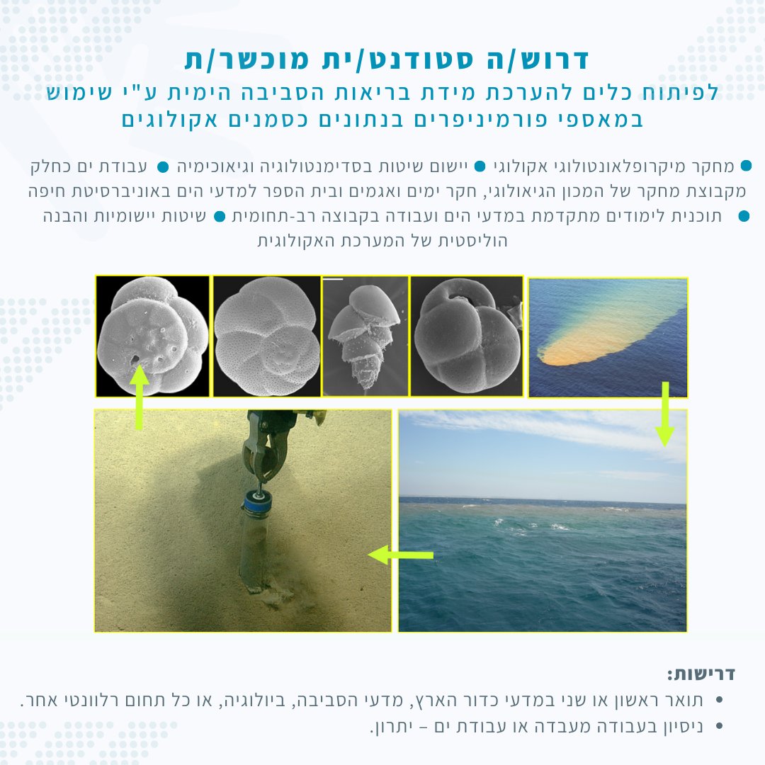 מעוניינים לעזור בהבנת תהליכי זיהום בסביבה הימית?
חשוב לכם לבצע מחקר מתקדם בנושא יישומי?
רוצים ללמוד שיטות מחקר מתקדמות בשילוב עם עבודת ים?

מוזמנים.ות לפנות אל:
📧רויטל בוקמן, אוניברסיטת חיפה rbookman@univ.haifa.ac.il
📧אורית חיימס-קפצן, המכון הגיאולוגי orithy@gsi.gov.il