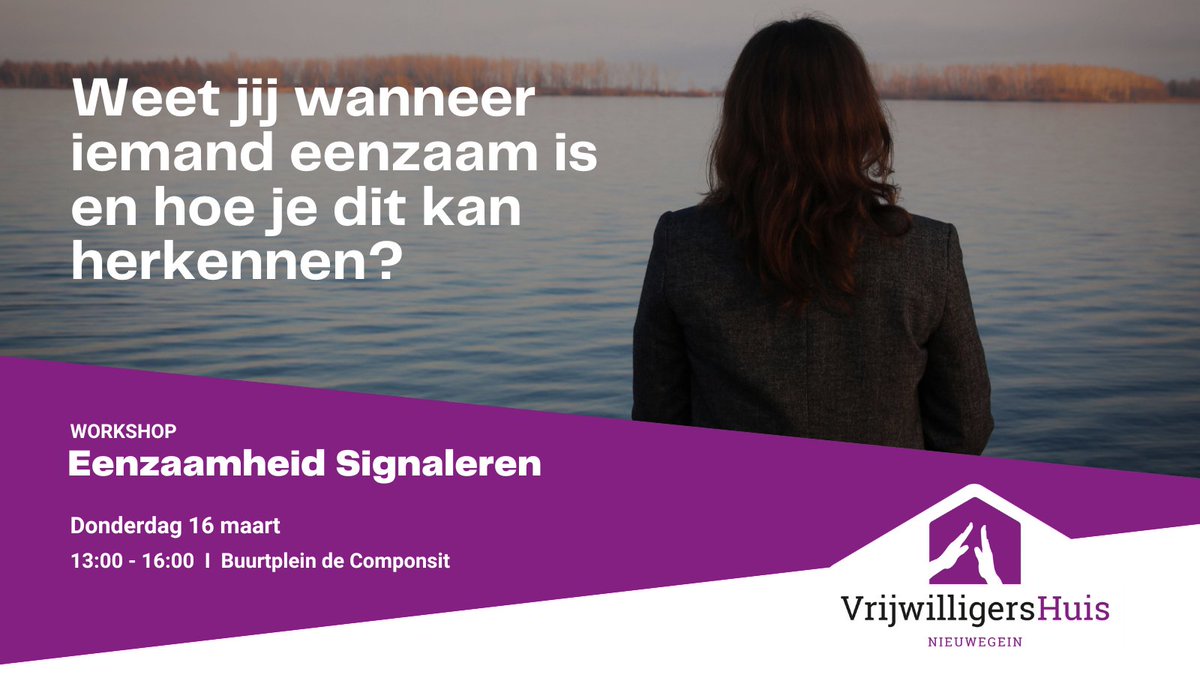 Workshop Alert! 
Weet jij wat je kan doen als je vermoedt dat een deelnemer van jullie activiteit eenzaam is of merk je dat iemand met een maatje eigenlijk meer ondersteuning nodig heeft? Kom dan op 16 maart naar de workshop Eenzaamheid Signaleren.
vrijwilligershuis-nieuwegein.nl/trainingen/een…