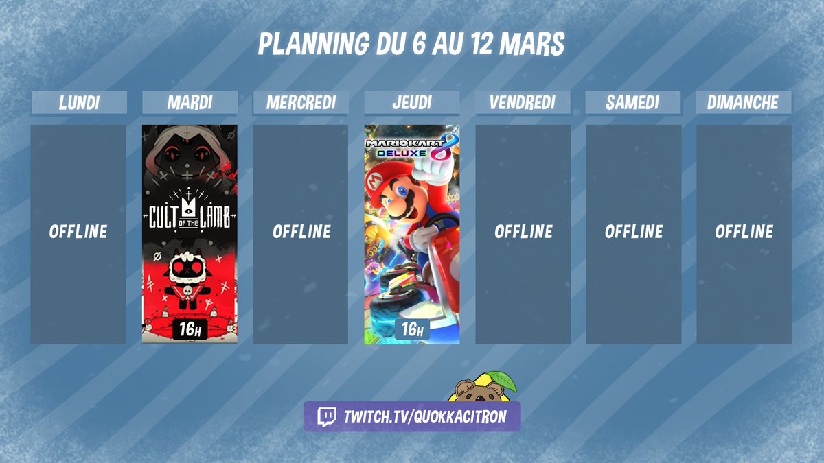 QuokkaCitron's tweet photo. 🍋 Voici le programme #twitch de la semaine avec la suite de #CultoftheLamb et la découverte de la 4e vague de DLC pour #MarioKart8Deluxe !
J'espère qu'on s'y retrouvera ! ✨ https://t.co/b3aM2lHHl7