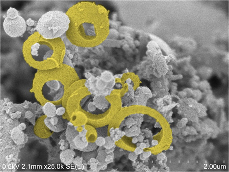 JHINST_Prague's tweet photo. 🔬What we see under the #microscope⤵️
„Onion rings“
Bubbles were spotted after calcination of lyofilized precursor. Captured a site with different stages: bubble-ring-belt.
Photo (colored) by Roman Nebel
Device: Hitachi S-4800
#sciencephoto https://t.co/DfmNXG88Ky