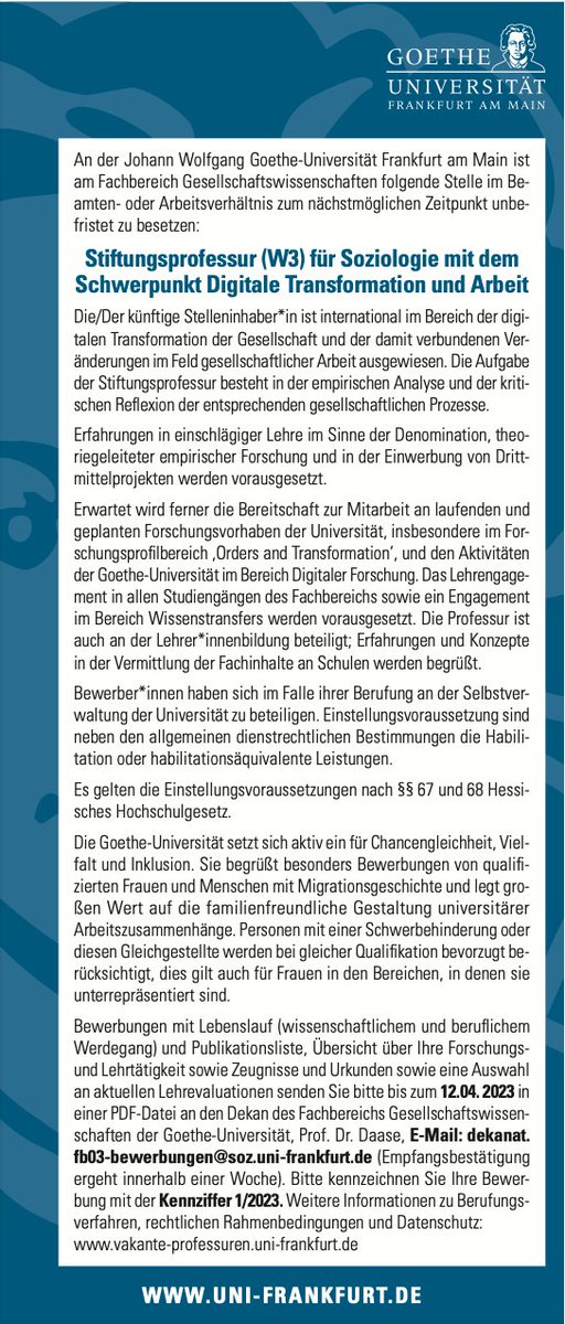 Julian Garritzmann (@garritzmannj) on Twitter photo We have a new, research-focused professor position in #Frankfurt <a href="/goetheuni/">Goethe-Universität</a>: Full Professor of Sociology with a focus on digital transformation and work
<a href="/womenalsoknow/">womenalsoknowstuff</a> <a href="/CES_Europe/">CES</a> <a href="/eui_sps/">Political and Social Sciences at EUI</a> <a href="/DigDemLab/">Digital Democracy Lab</a> <a href="/europsa/">EPSA</a> <a href="/ECPR/">European Consortium for Political Research</a> <a href="/FES_FoW/">FES Future of Work</a> <a href="/EXCInequality/">Politics of Inequality</a> <a href="/InFER_Frankfurt/">InFER Frankfurt</a> We have a new, research-focused professor position in #Frankfurt <a href="/goetheuni/">Goethe-Universität</a>: Full Professor of Sociology with a focus on digital transformation and work
<a href="/womenalsoknow/">womenalsoknowstuff</a> <a href="/CES_Europe/">CES</a> <a href="/eui_sps/">Political and Social Sciences at EUI</a> <a href="/DigDemLab/">Digital Democracy Lab</a> <a href="/europsa/">EPSA</a> <a href="/ECPR/">European Consortium for Political Research</a> <a href="/FES_FoW/">FES Future of Work</a> <a href="/EXCInequality/">Politics of Inequality</a> <a href="/InFER_Frankfurt/">InFER Frankfurt</a>