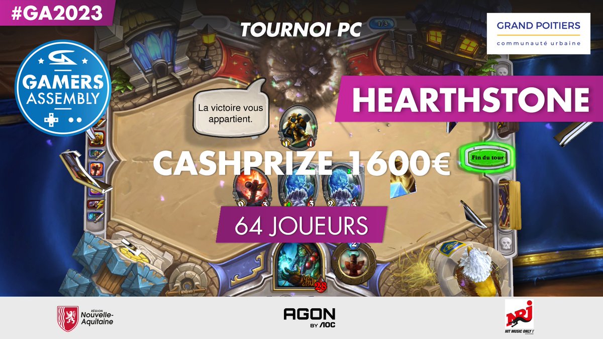 🚨 Le tournoi Hearthstone de la #GA2023 est réduit à 64 slots, le cash prize lui reste inchangé !

A noter qu'à 80% d'inscrits, le cash prize du tournoi passera à 2000€ 👀📈

👉 ga2023.gamers-assembly.net/tournois/heart…