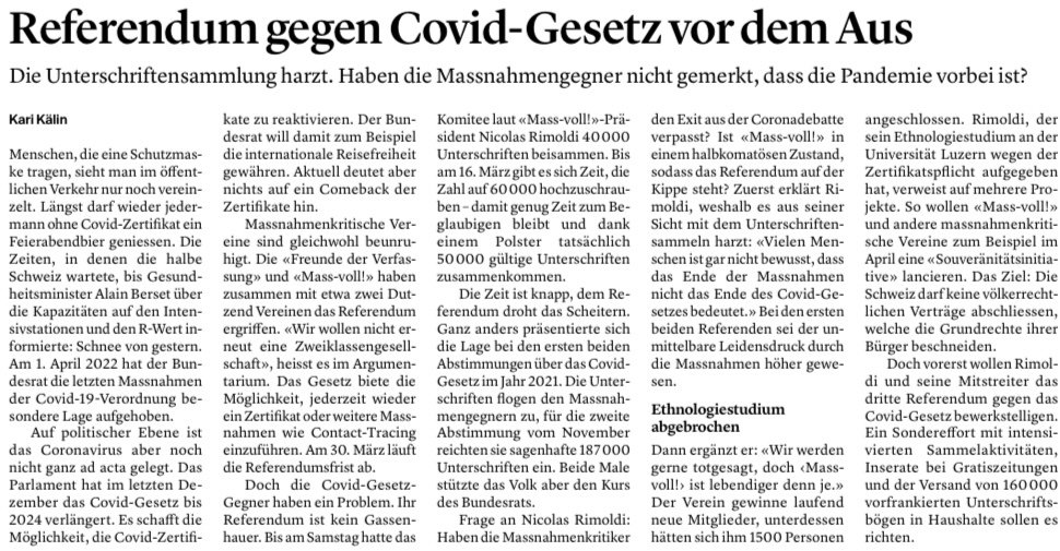 Ich frage zurück: haben #Bundesrat und Parlament noch nicht gemerkt, dass Corona vorbei ist?

Warum wird das #CovidGesetz verlängert? 🤔

@Kari1sie76, @LuzernerZeitung.

✍️Jetzt fürs 3. Referendum unterschreiben: massnahmen-nein.ch/unterschreiben/ #abst23 #CoronaInfoCH