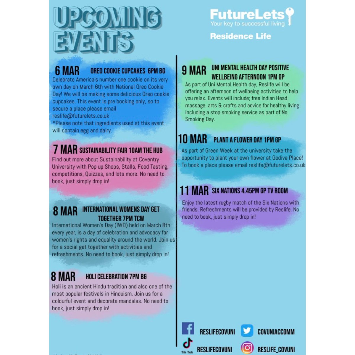 There is lots happening this week! From #GreenWeek to #InternationalWomensDay we have got it covered! Come along and join us!😊

#ResLife #Futurelets #CoventryUniversity #StudentAccommodation #Coventry2023 #StudentLife #ThisIsCoventry #SupportingStudents #Events