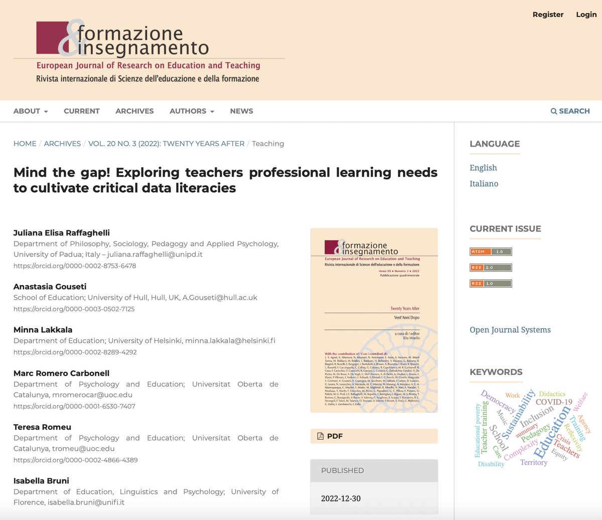Happy to announce the publication of our new #OpenAccess paper that explores teachers professional learning needs for cultivating critical #data literacies from our #ErasmusPlus project doi.org/10.7346/-fei-X…

<a href="/JulianaR71/">Juliana Raffaghelli @LaRaffa@xarxa.cloud</a> <a href="/A_Gouseti/">Anastasia Gouseti</a>  <a href="/MinnaHL/">Minna Lakkala</a> <a href="/mromerocar/">Marc Romero</a> <a href="/tromeu/">Teresa Romeu</a>