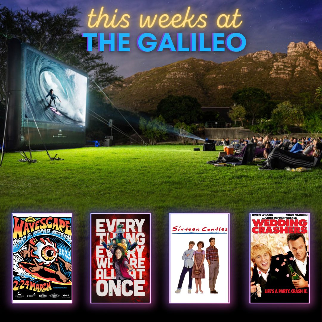 The Galileo Open Air Cinema (@galileo_cinema) on Twitter photo This week's movie line-up has all the thrills!
🍿07 Mar: Wavescape
🍿08 Mar: Everything Everywhere All At Once
🍿09 Mar: Sixteen Candles
🍿11 Mar: Wedding Crashers
🎟️Book your spot here: thegalileo.co.za/movies/
The Galileo is proudly sponsored by <a href="/SantamInsurance/">Santam Insurance</a>. This week's movie line-up has all the thrills!
🍿07 Mar: Wavescape
🍿08 Mar: Everything Everywhere All At Once
🍿09 Mar: Sixteen Candles
🍿11 Mar: Wedding Crashers
🎟️Book your spot here: thegalileo.co.za/movies/
The Galileo is proudly sponsored by <a href="/SantamInsurance/">Santam Insurance</a>.