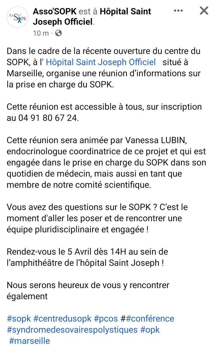 On nous écoute, on nous croit, on nous considère. 
ENFIN. 
Sudistes, allez à cette réunion ! 🙏🏻
Merci à l'#hopitalsaintjoseph de #Marseille, au docteur #vanessalubin et à <a href="/AssoSopk/">Asso'SOPK</a> de travailler pour nous permettre de vivre mieux notre pathologie. 
1 femme sur 7
#SOPK