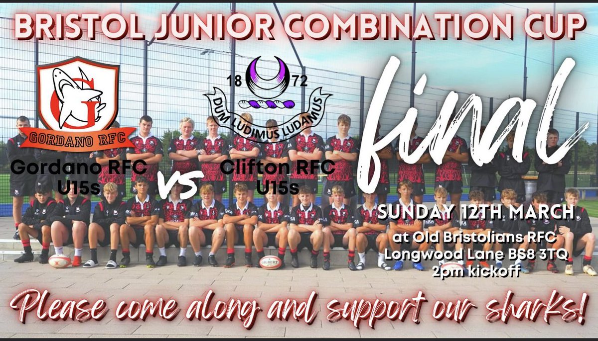 Gordano RFC Minis & Juniors (@gordanorfcm) on Twitter photo Next Sunday 12th March: <a href="/GordanoRFC/">Gordano RFC</a> u15s vs <a href="/cliftonrugby/">Clifton Rugby</a> U15s in the final of the <a href="/BristolBjc/">Bristol & District Junior Rugby Combination (BJC)</a> cup. 2pm KO <a href="/OBsRugby/">Old Bristolians RFC</a>. Next Sunday 12th March: <a href="/GordanoRFC/">Gordano RFC</a> u15s vs <a href="/cliftonrugby/">Clifton Rugby</a> U15s in the final of the <a href="/BristolBjc/">Bristol & District Junior Rugby Combination (BJC)</a> cup. 2pm KO <a href="/OBsRugby/">Old Bristolians RFC</a>.