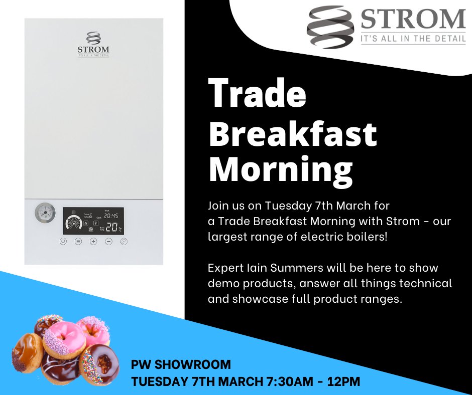 TOMORROW: Trade breakfast morning with Strom boilers. Join us in our show room from 7:30am!

#TradeMorning #Trade #PlumbingandHeating #PlumbersMerchant #ElectricBoilers #StromBoilers #PlumbingWorld